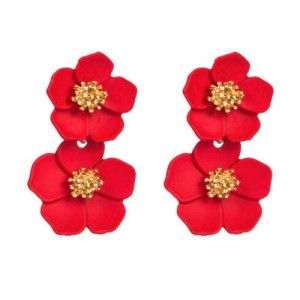 Golden Stamen Painted Spring Flowers Korean Fashion Women Statement Stud Earrings - Red