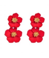 Golden Stamen Painted Spring Flowers Korean Fashion Women Statement Stud Earrings - Red