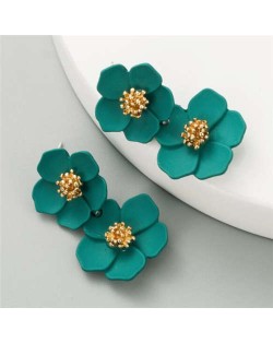 Golden Stamen Painted Spring Flowers Korean Fashion Women Statement Stud Earrings - Green
