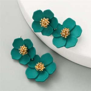 Golden Stamen Painted Spring Flowers Korean Fashion Women Statement Stud Earrings - Green