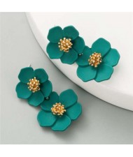 Golden Stamen Painted Spring Flowers Korean Fashion Women Statement Stud Earrings - Green