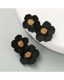 Golden Stamen Painted Spring Flowers Korean Fashion Women Statement Stud Earrings - Black