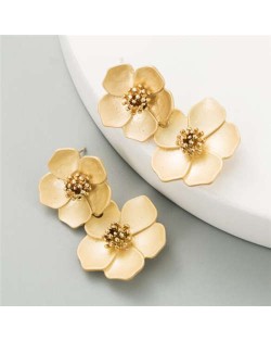 Golden Stamen Painted Spring Flowers Korean Fashion Women Statement Stud Earrings - Golden