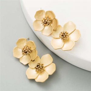 Golden Stamen Painted Spring Flowers Korean Fashion Women Statement Stud Earrings - Golden