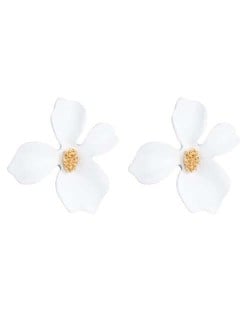 Golden Stamen Painted Elegant Flower Design Bold Fashion Women Alloy Statement Earrings - White