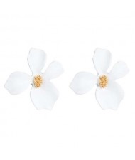 Golden Stamen Painted Elegant Flower Design Bold Fashion Women Alloy Statement Earrings - White