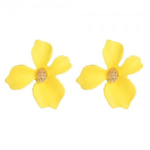Golden Stamen Painted Elegant Flower Design Bold Fashion Women Alloy Statement Earrings - Yellow