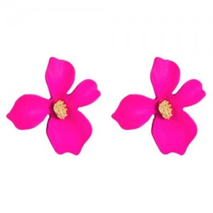 Golden Stamen Painted Elegant Flower Design Bold Fashion Women Alloy Statement Earrings - Rose