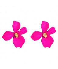 Golden Stamen Painted Elegant Flower Design Bold Fashion Women Alloy Statement Earrings - Rose