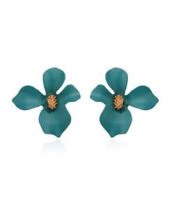 Golden Stamen Painted Elegant Flower Design Bold Fashion Women Alloy Statement Earrings - Teal