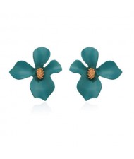 Golden Stamen Painted Elegant Flower Design Bold Fashion Women Alloy Statement Earrings - Teal