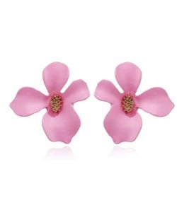 Golden Stamen Painted Elegant Flower Design Bold Fashion Women Alloy Statement Earrings - Pink