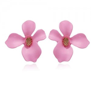 Golden Stamen Painted Elegant Flower Design Bold Fashion Women Alloy Statement Earrings - Pink