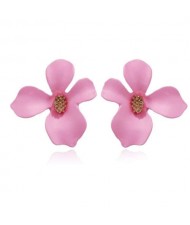 Golden Stamen Painted Elegant Flower Design Bold Fashion Women Alloy Statement Earrings - Pink