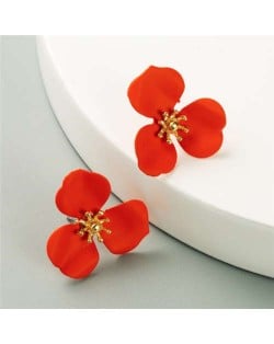 Korean Fashion Delicate Flower Design Sweet Style Women Alloy Earrings - Red