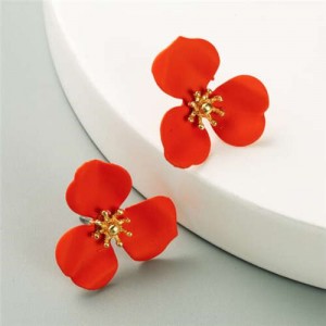 Korean Fashion Delicate Flower Design Sweet Style Women Alloy Earrings - Red