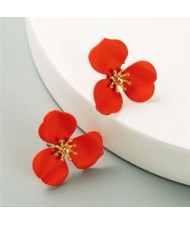 Korean Fashion Delicate Flower Design Sweet Style Women Alloy Earrings - Red