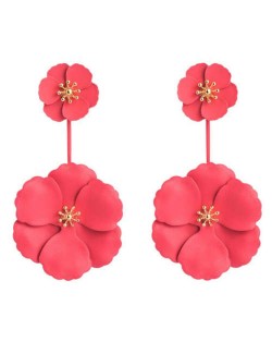 Painted Flowers Sweet Fashion Korean Style Dangling Women Alloy Earrings - Red