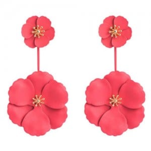 Painted Flowers Sweet Fashion Korean Style Dangling Women Alloy Earrings - Red
