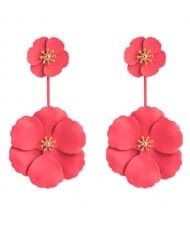 Painted Flowers Sweet Fashion Korean Style Dangling Women Alloy Earrings - Red