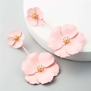 Painted Flowers Sweet Fashion Korean Style Dangling Women Alloy Earrings - Pink