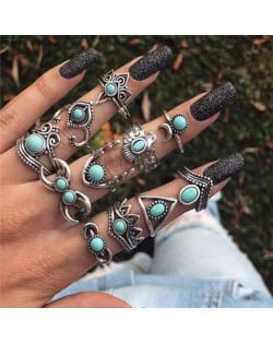 Artificial Turquoise Inlaid Eagle and Floral Vintage Design 11 pcs Women Alloy Rings Set