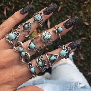 Artificial Turquoise Inlaid Eagle and Floral Vintage Design 11 pcs Women Alloy Rings Set