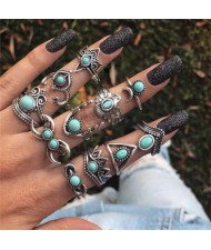 Artificial Turquoise Inlaid Eagle and Floral Vintage Design 11 pcs Women Alloy Rings Set