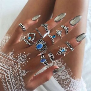 Vintage Flowers and Crowns Combo High Fashion Design 13 pcs Women Alloy Rings Set