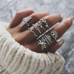 Swallow Bee and Eye Combo Design High Fashion 9 pcs Silver Women Alloy Rings Set