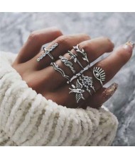 Swallow Bee and Eye Combo Design High Fashion 9 pcs Silver Women Alloy Rings Set