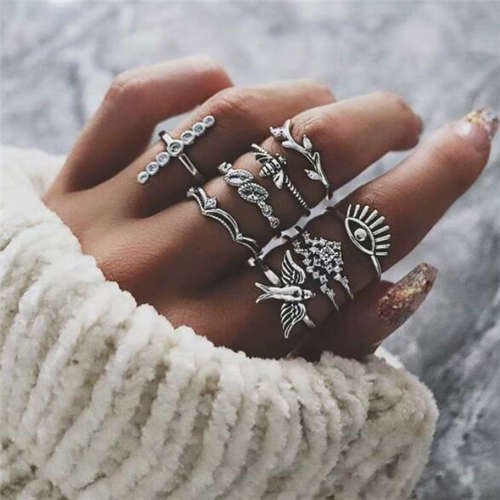 Swallow Bee and Eye Combo Design High Fashion 9 pcs Silver Women Alloy  Rings Set