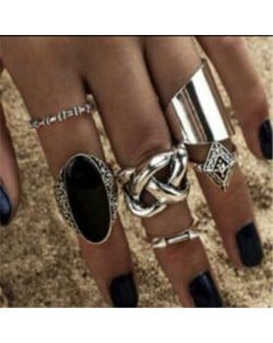 Lava Stone Embellished Rhombus and Hollow Weaving Pattern Combo Design Vintage 6 pcs Silver Women Alloy Rings Set