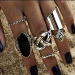 Lava Stone Embellished Rhombus and Hollow Weaving Pattern Combo Design Vintage 6 pcs Silver Women Alloy Rings Set