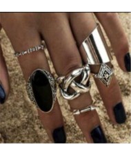 Lava Stone Embellished Rhombus and Hollow Weaving Pattern Combo Design Vintage 6 pcs Silver Women Alloy Rings Set