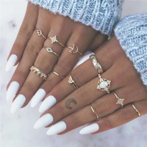 Opal Inlaid Stars and Crown Combo 13 pcs Golden Women Alloy Rings Set