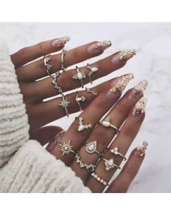 Opal and Rhinestone Embellished Multiple Fashion Elements Combo Design 16 pcs Golden Women Alloy Rings Set