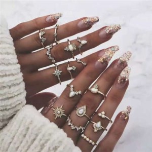 Opal and Rhinestone Embellished Multiple Fashion Elements Combo Design 16 pcs Golden Women Alloy Rings Set