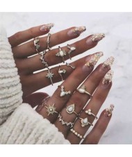 Opal and Rhinestone Embellished Multiple Fashion Elements Combo Design 16 pcs Golden Women Alloy Rings Set