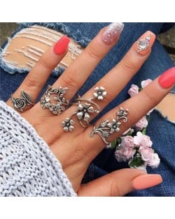 Vintage Flowers and Vines Combo 4 pcs Silver Women Alloy Rings Set