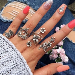 Vintage Flowers and Vines Combo 4 pcs Silver Women Alloy Rings Set