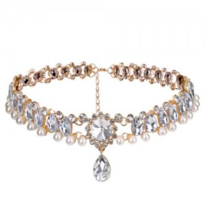 Rhinestone Embellished Glistening Style High Fashion Women Choker Necklace - Golden