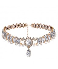 Rhinestone Embellished Glistening Style High Fashion Women Choker Necklace - Golden