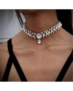 Rhinestone Embellished Glistening Style High Fashion Women Choker Necklace - Silver