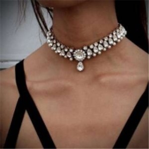 Rhinestone Embellished Glistening Style High Fashion Women Choker Necklace - Silver
