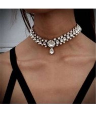 Rhinestone Embellished Glistening Style High Fashion Women Choker Necklace - Silver
