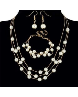 Elegant Artificial Pearl Sweet Fashion Women Necklace Bracelet and Earrings Set - Golden