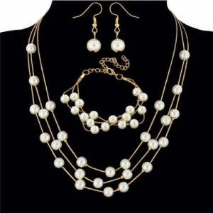 Elegant Artificial Pearl Sweet Fashion Women Necklace Bracelet and Earrings Set - Golden