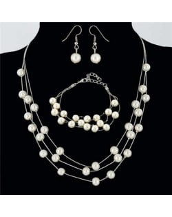 Elegant Artificial Pearl Sweet Fashion Women Necklace Bracelet and Earrings Set - Silver