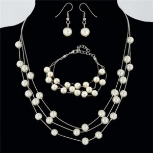 Elegant Artificial Pearl Sweet Fashion Women Necklace Bracelet and Earrings Set - Silver
